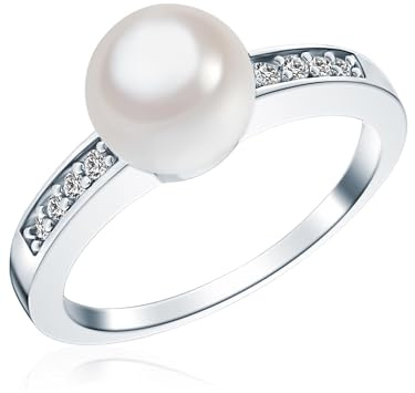 Rafaela Donata Damen Perlenring aus 925/- Sterling Silber rhodiniert | Muschelkernperle,Perlengröße ca. 8 mm,Rund,Weiß,Zirkonia,Pavekranz,Silberring,echte Perle,Damenring,Ring