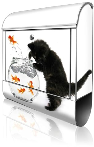 banjado Design Briefkasten 38,5x46,5x13cm & 2 Schlüssel - Briefkasten Stahl Silber mit Zeitungsfach pulverbeschichtet - Postkasten A4 Einwurf inkl. Montagematerial - Motiv Katze Und Fisch