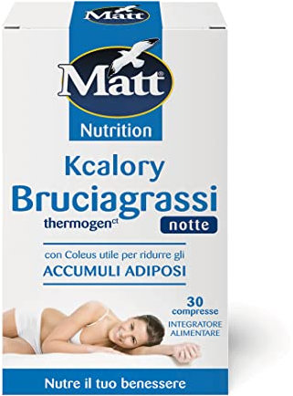 Matt, Kcalory Bruciagrassi Thermogen Notte, Integratore Alimentare a Base di Coleus e Thè Verde Decaffeinato, Favorisce Metabolismo dei Grassi, Riduce Accumuli Adiposi, Confezione 30 Compresse, 10.5g