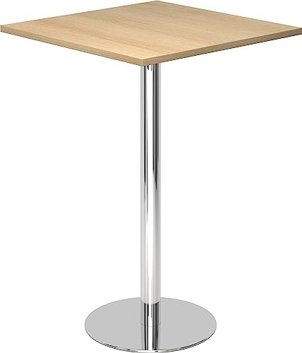 bümö Stehtisch Büro, Bistrotisch eckig 80 x 80 cm - Bartisch Eiche, Stehtisch Holz-Platte, Säule aus Metall verchromt, Buffettisch, Säulentisch, Partytisch, Thekentisch, Hochtisch, Barmöbel