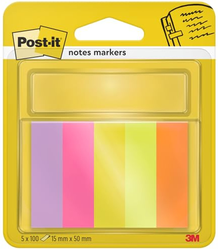 Post-it Marque-Pages En Papier, Pack de 5 Blocs, 15 mm x 50 mm, 100 Feuilles par Bloc, Couleurs Assorties - Pour Marquer, Surligner ou Codifier des Informations