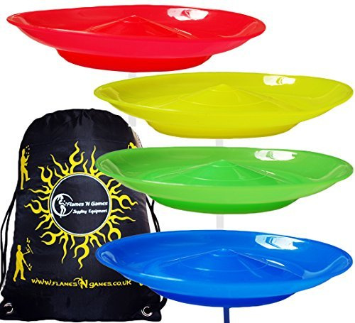 Flames 'N Games Juego de 4 platos giratorios (rojo, amarillo, azul, verde), diseño clásico de circo y bolsa de viaje de 2 piezas. Gran diversión para niños y adultos.
