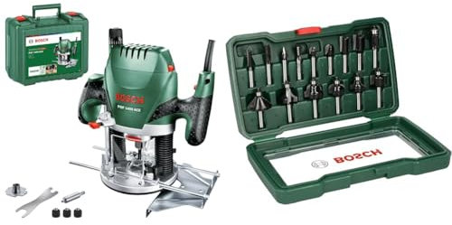 Bosch Oberfräse POF 1400 ACE (1.400 Watt, im Koffer) + Bosch 15tlg. Fräser Set (Holz, Zubehört für Oberfräsen mit 8 mm Schaft)