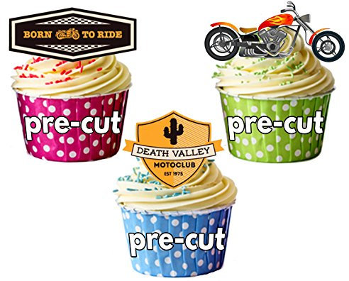 AK Giftshop Motorbike Chopper Born To Ride Mix Cake Decorations - 12 Edible Wafer Cup Cake Toppers