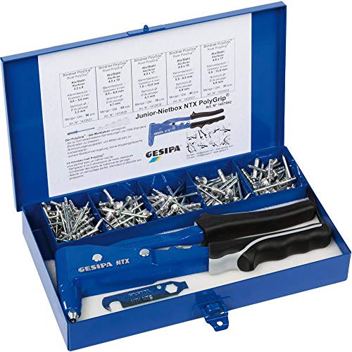 Gesipa Junior-Box (mit Polxgrip-Blindnieten, Blindniete bis 5 mm Ø in Aluminium und 4 mm Ø in Stahl und Edelstahl / max. Dorn-Ø 3,0 mm, Nietgerät) 1457662