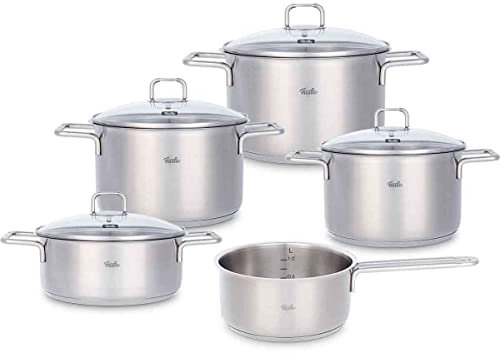 Fissler Hamburg/Edelstahl-Topfset, 5-teilig, Kochtopf-Set, Töpfe mit Glas-Deckel, Induktion, alle Herdarten (3 Kochtöpfe, 1 Bratentopf, 1 Stielkasserolle-deckellos)