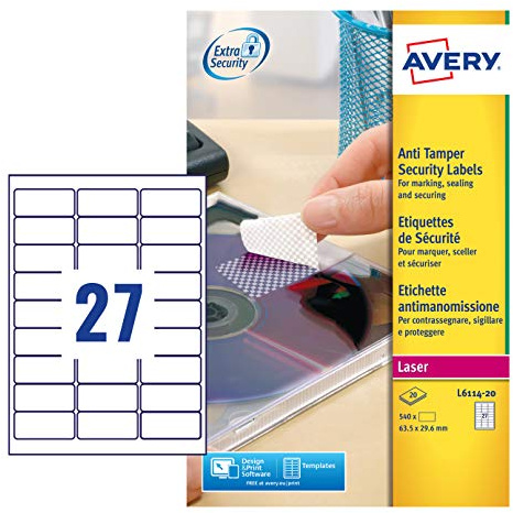 Avery Etiketten, manipulationssicher, 20 Blatt / 27 Etikett pro Blatt