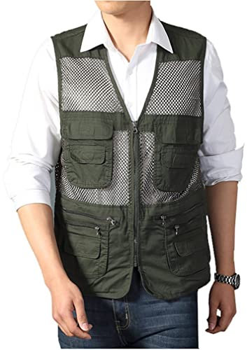 Men's Mesh Fishing Vest Photography Work Multi-pockets Outdoors Journalist's Vest Jacket (Army green, Medium)