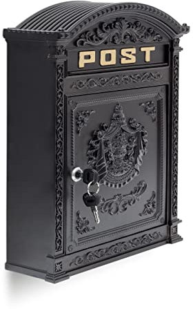 Relaxdays Cassetta delle Lettere, HLP: 44,5 x 31 x 9,5 cm, Design Antico con Scritta “POST”, Ampia Casella, Nero