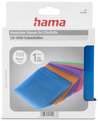 Hama Pochettes pour CD-ROM/DVD-ROM (Pochettes CD Plastique, Pochette de Protection colorées, Lot de 100, Multicolore) Bleu/Orange/Violet/Rose/Vert