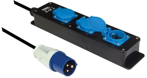 Perel Ciabatta elettrica da esterno, 3 prese tipo E con coperchi, spina CEE, cavo in neoprene da 3 m H07RN-F 3G2.5, IP44 resistente agli spruzzi, ideale per giardino, officina e cantiere, nero-blu