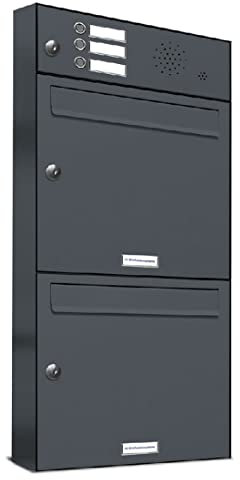 AL Briefkastensysteme 2er Briefkastenanlage mit Klingel Anthrazit Grau RAL 7016, Premium Doppel-Briefkasten DIN A4, 2 Fach Postkasten modern Aufputz