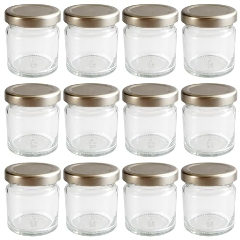 hocz 12x Mini Marmeladengläser 50 ml | mit Deckel Silber TO 43 | kleine Einmachgläser mit Schraubdeckel zum befüllen | Schraubgläser, Sturzgläser Set | leere Gläser für Marmelade | 12 Stück