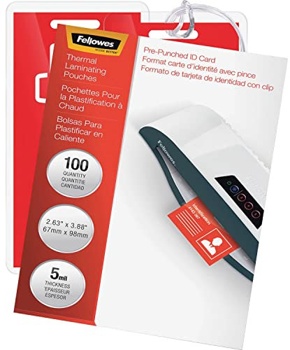 Fellowes Glänzende ID-Tag-Laminiertasche, 2,62 A, Breite x 3,87 A, Länge x 5 mm, 100 Stück pro Packung, transparent