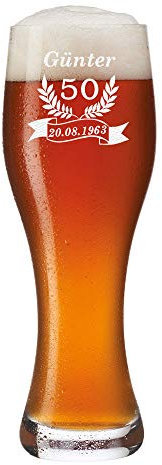 Leonardo Bierglas mit Gravur - Weizenbierglas 0,5 Liter Weizenglas personalisiert - Geburtstagsgeschenk - Geschenk-Idee mit Name und Jahr Geburtstag - Motiv Jubiläum Ährenkranz Banner