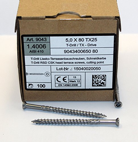 5 x 80 mm Edelstahl C1 Terrassenschrauben gehärtet Torx TX 25, Cutspitze 200-1000 Stück wählbar (200)