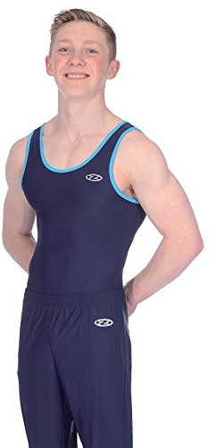 The Zone Z887ACE Round neck boys/mens sleeveless gymnastics leotard. Matt Nylon/Lycra Navy/Kingfisher Size 26