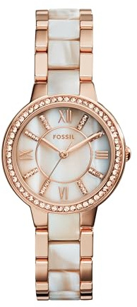 Fossil Women's Watch, Virginia Quartz Stainless Steel and Acetate Three-Hand Watch for Women, Color: Rose Gold/White Horn