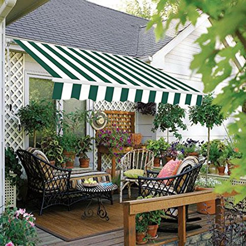 Green Bay 2 m x 1.5m DIY Patio Retractable Manual Awning Garden Sun Shade Canopy Green-White with Fittings and Crank Handle