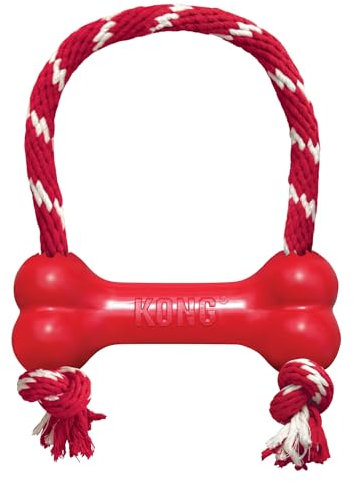 KONG Goodie Bone with Rope - Classic Durable Natural Rubber Dog Bone - Treat Dispensing - For Medium Dogs, Red