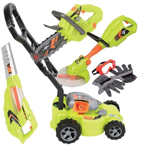 CP Toys 6-Piece Power Gardening Toy Set for Kids Ages 3+, Child Size Indoor/Outdoor Play Kids Tool Set with Leaf Blower, Chainsaw, Lawn Mower, and More, Green