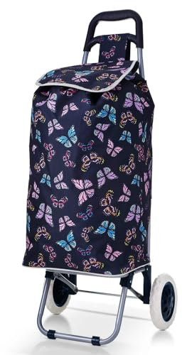 Hoppa 47L Einkaufstrolley Einkaufsroller Einkaufswagen Wagen (Schmetterlinge Marineblau)