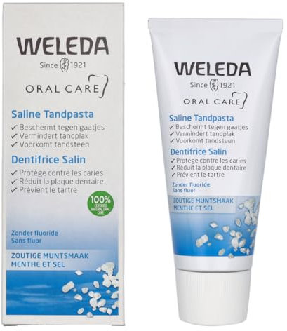 Weleda Dentifricio Salino, dentifricio a base di sale marino senza fluoro, neutralizza gli acidi dannosi e protegge da carie e placca, trattamento 6 in 1 (1x75 ml)
