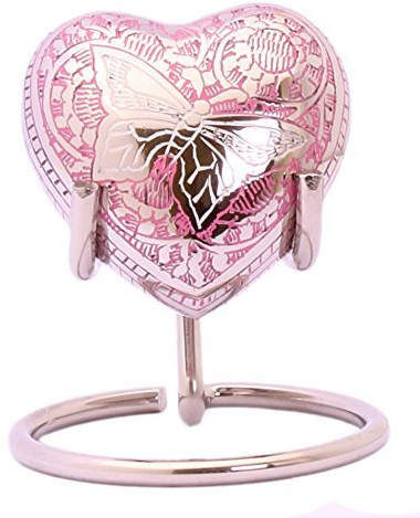 Urna de cremación con Forma de corazón para Cenizas, urna Conmemorativa con Caja y Soporte (Mariposa Rosa)