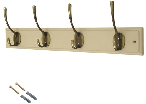 Keypak 4 Victorian Brass Hook Cream Backboard Wall Mounted Coat Rack | Wooden Board for Coats, Hats, Bags, Tools Space Saving Wall Storage Organiser, Fixings Included