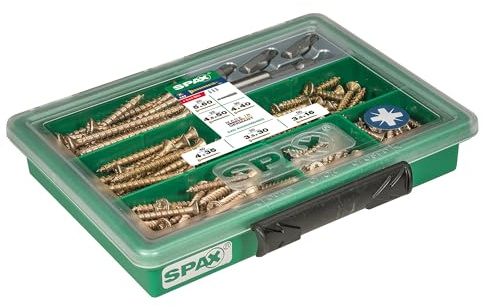 SPAX Schraubenbox mit Bits für DIY-Projekte im Innenbereich, 199 St. | Sortimentskasten mit 6 Größen, Senkkopf, Kreuzschlitz Z, inklusive Z1, Z2, Z3 Bits, 4CUT-Spitze und Wellenprofil für Holz