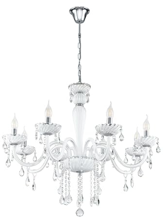 EGLO Pendelleuchte Carpento, 8 flammiger Kronleuchter Vintage, Shabby Chic | Hängelampe aus Stahl und Glas in Chrom, Weiß, Esstischlampe, Wohnzimmerlampe hängend mit E14 Fassung