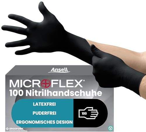 Ansell MicroFlex 93-852 Guanti Monouso in Nitrile, Senza Polvere né Lattice, Protezione Professionale per Usi Generali, Alimentari e Industriali, Resistenza Chimica, Nero, Taglia XL (100 Guanti)