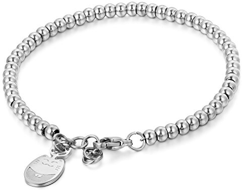 JewelryWe Schmuck Charme Damen Kugel Perlen Armband,Handgelenk Kugel Perlenkette mit Lucky Cat Katze Anhänger, Edelstahl Armreif, Silber Rosegold