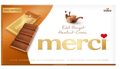 merci Tafelschokolade Edel-Nougat - 1 x 112 g (4 Täfelchen) | Zartschmelzende Edel-Vollmilchschokolade mit 43% Nougatfüllung, Schokolade in Goldpapier verpackt