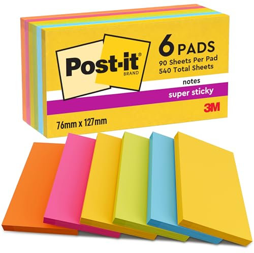 Post-it Super Sticky Notes Carnival Color Collection, Pack of 6 Pads, 90 Sheets per Pad, 76 mm x 127 mm, Yellow, Blue, Green, Pink, Orange Colors - Extra Sticky Notes for Note Taking & to Do Lists