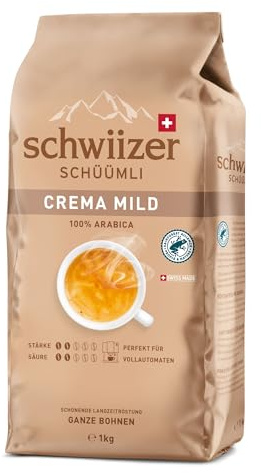 Schwiizer Schüümli Crema Mild, 100% edle Arabica Kaffeebohnen, harmonisch-sanft, ideal für Vollautomaten, Stärke 2/5, helle Röstung, Rainforest Alliance, 1kg