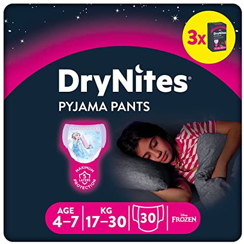 Huggies DryNites saugfähige Nachtwindeln bei Bettnässen, für Mädchen 4-7 Jahre (17-30 kg), 3 x 10 = 30 Windel-Pants, Monatsbox
