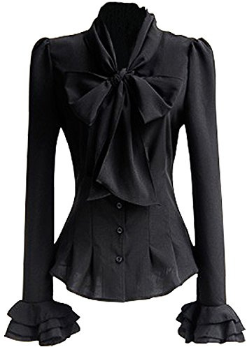 PrettyGuide Women Stand-Up Collar Lotus Ruffle Shirts Blouse Bow Black US S