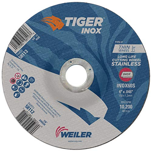 Weiler 58112 6 Inch Cutting Wheel, Tiger Inox Stainless Steel Contaminant-free High Performance Cutting, .045 INOX60S Type 27 7/8 Arbor, Pack of 25