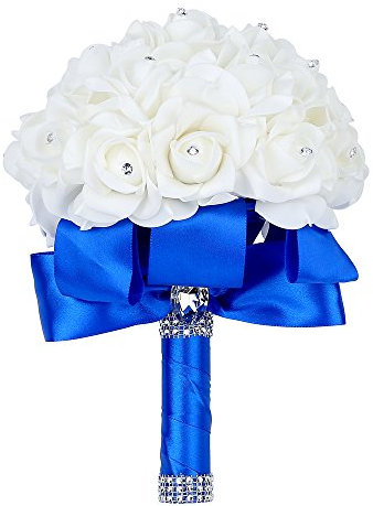 Febou Wedding Bouquet, Handmade Blue Bridesmaid Bouquet Bridal Bouquet with Crystals Soft Ribbons, Artificial Rose Flowers for Wedding, Party and Church (Royal Blue)