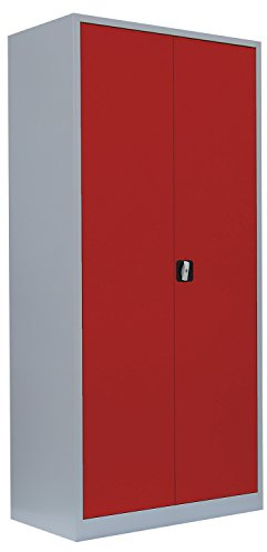 Flügeltürenschrank Aktenschrank abschließbar grau/rot 195x92x42cm | komplett montiert, 4 Fachböden, Lagerschrank, Metallschrank, 530344