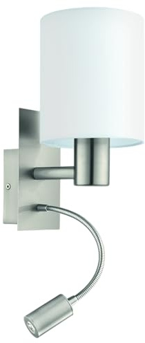 EGLO Wandlampe Bett Pasteri Textil Wandleuchte | Schlafzimmer mit LED Leseleuchte, Leselampe Wandmontage aus Metall in Silber und Stoff in Weiß, E27 Fassung