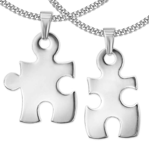 Clever jewellery set, silver partner, pendants, 2 puzzle pieces, divided, shiny with 2 chains, 42 cm and 45 cm, sterling silver, 925 with case