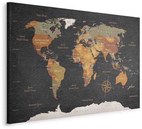 B&D XXL - Leinwandbild Welt Landkarte Kontinente, 120x80 cm, 1-teilig | Hochwertige Leinwand, sofort aufhängbar, ideal fürs Wohn- oder Schlafzimmer, wasserfest und lichtecht, langlebig, stilvoll