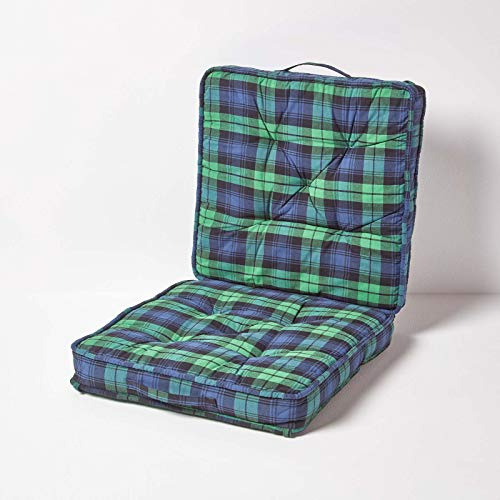 HOMESCAPES Grön och blå tartan resebooster kudde stor fast 45 cm fyrkantig sittdyna och ryggstöd tjock mjuk bomull stödjande bilkudde för äldre, postoperativ och korsryggsstöd