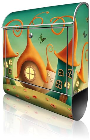 banjado Design Briefkasten 38,5x46,5x13cm & 2 Schlüssel - Briefkasten Stahl Silber mit Zeitungsfach pulverbeschichtet - Postkasten A4 Einwurf inkl. Montagematerial - Motiv Zwergenhausen