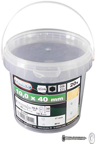 Connex Sechskant-Holzschrauben 10,0 x 40 mm - 20 Stück - Außensechskant-Antrieb - Verzinkt - Für sämtliche Holzverbindungen - Inkl. Unterlegscheiben / Schlüsselschrauben / Schrauben-Eimer / B30161