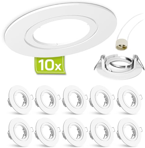 linovum Einbaurahmen 10er Set weiß rund starr GU10 inkl. Fassung | Zehn Deckenrahmen weiß matt - für GU10 oder MR16, einfacher Leuchtmittelwechsel ohne Sprengring, inkl. Fassung (ohne Lampe)