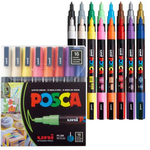POSCA Uni-ball 186516 – POSCA märkpenna med fin rund spets, set om 16 st, grundfärger