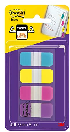 Post-it Haftstreifen Index Strong, Mini - 40 Haftstreifen 15.8 mm x 38.1 mm - Blau, Violett, Pink, Gelb - Zum Markieren, Hervorheben oder Farbcodieren wichtiger Informationen